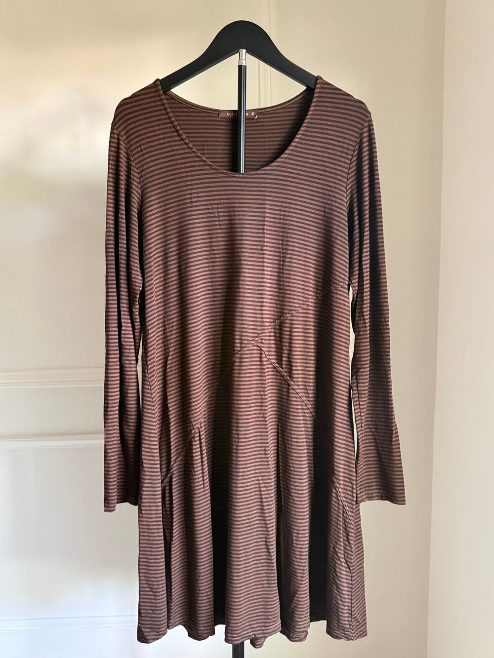 Cut Loose USA Rust Brown Stripe Swing Dress Rayon Stretch Long Sleeve Medium - Picture 1 of 6